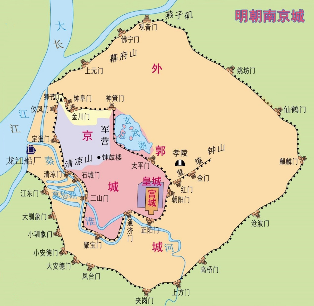 明代南京城总体布局图及皇宫所处的地理位置