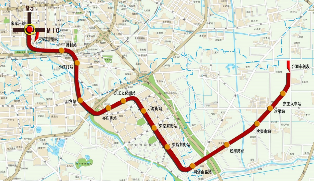 北京地铁亦庄线线路走向图 