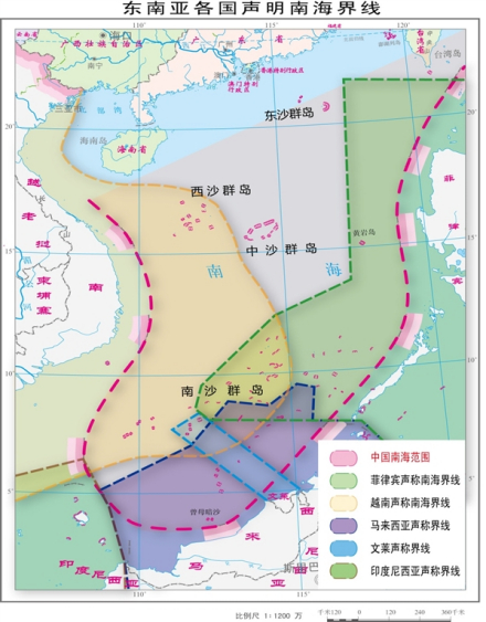 中国南海周边国家声称南海主权界线