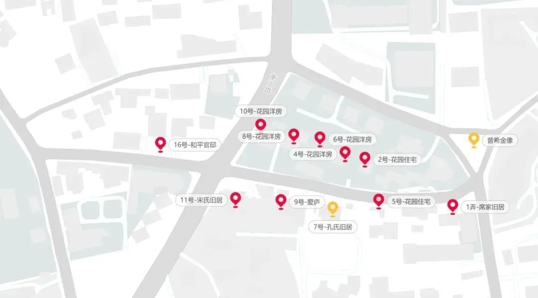 东平路上的优秀历史建筑（红色）和徐汇区文物保护单位（黄色）