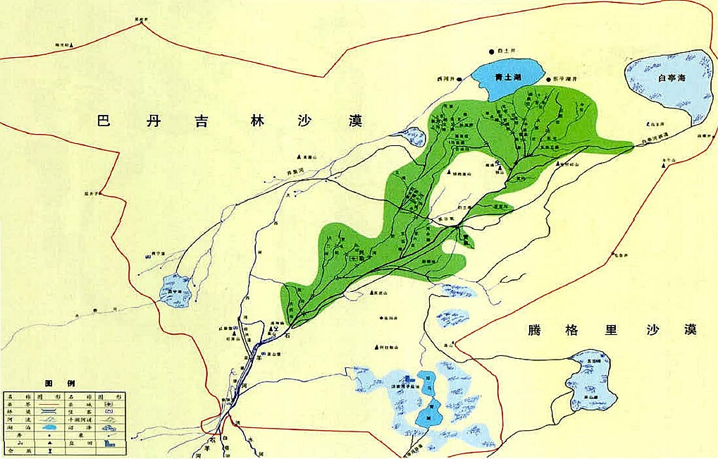 近代民勤绿洲与水系示意图