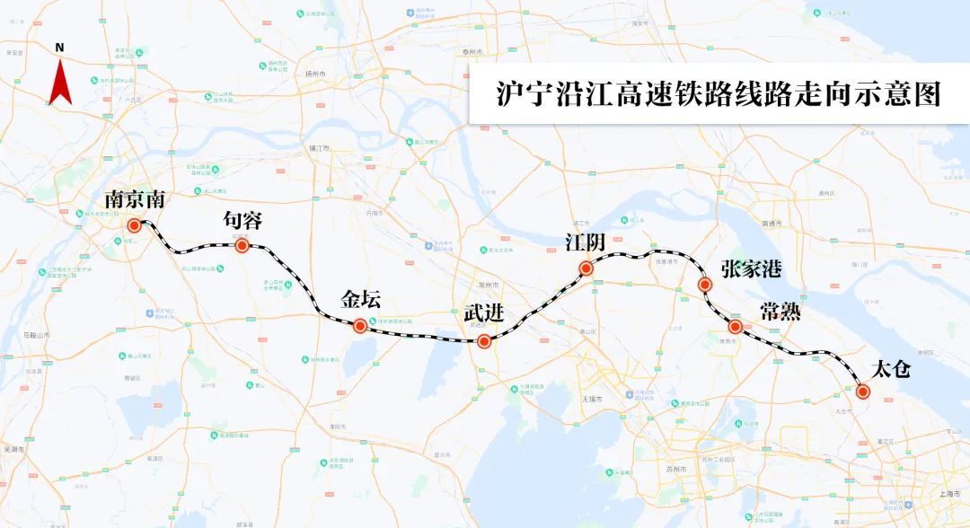 沪宁沿江高速铁路线路走向示意图