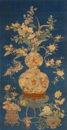 清 缂丝蓝地大吉葫芦花卉图轴