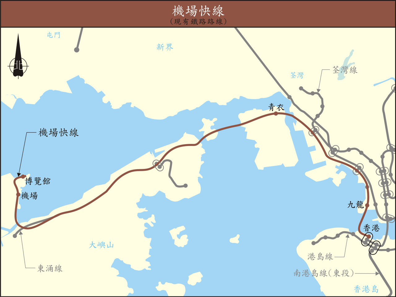 港铁机场快线线路走向示意图