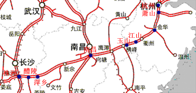浙赣铁路线路走向示意图