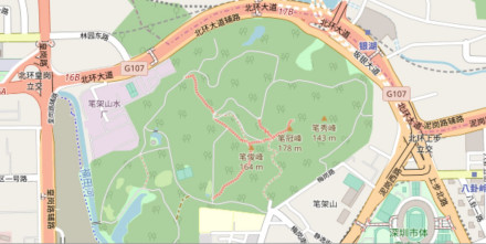 自西向东：笔俊峰（164m）、笔冠峰（178m）和笔秀峰（143m)