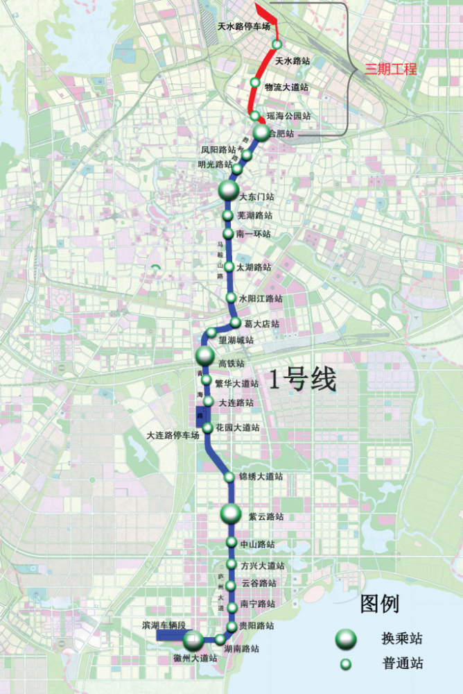 合肥轨道交通1号线线路走向示意图（站名均为工程拟定站名）