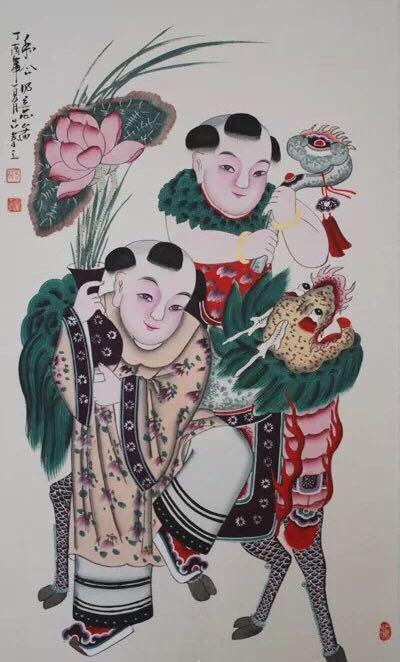 高密扑灰年画：《和合如意图》吕蓁立绘制