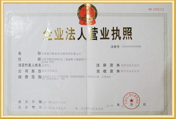 天津兆丰恒业贵金属经营有限公司法人证书