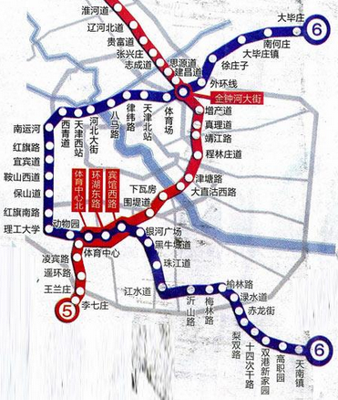 天津轨道交通6号线线路走向图（蓝色，车站名为工程名）