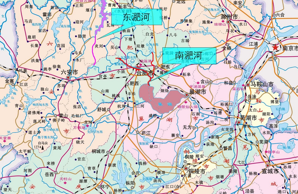 南淝河在长江流域的位置及与东淝河的相对位置