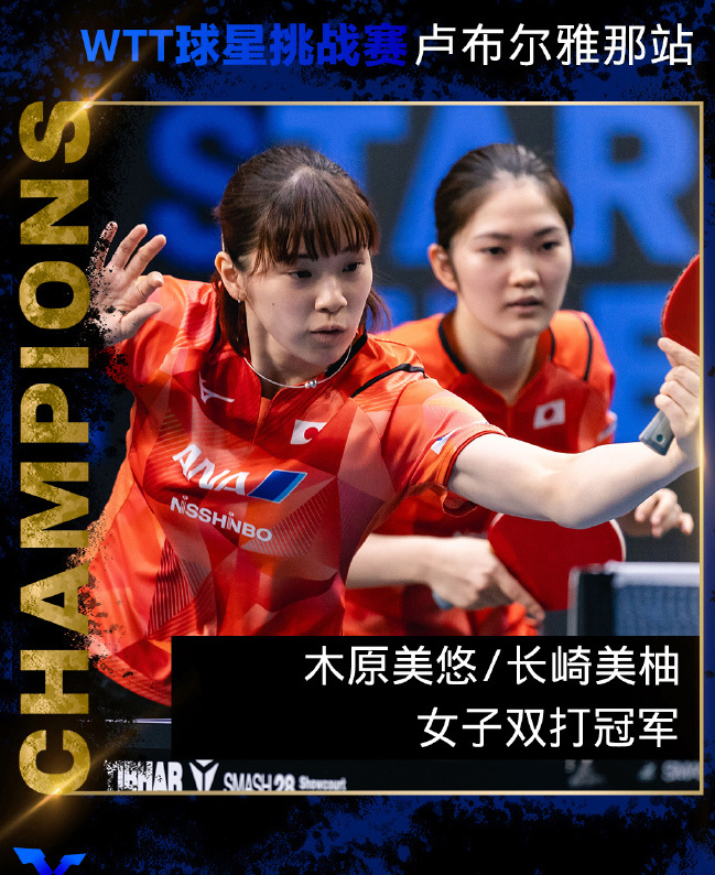 长崎美柚（左）与队友获得WTT球星挑战赛卢布尔雅那站女双冠军