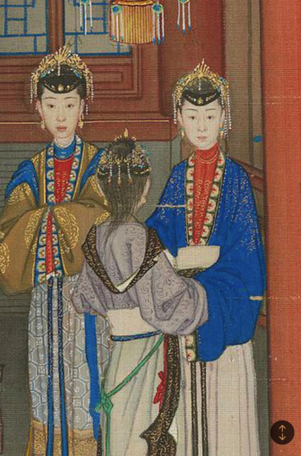 清人绘《弘历喜雪图轴》中的嘉妃（图右）